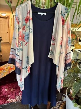 Studio One Navy Midi Dress with Blush Floral Kimono Overlay